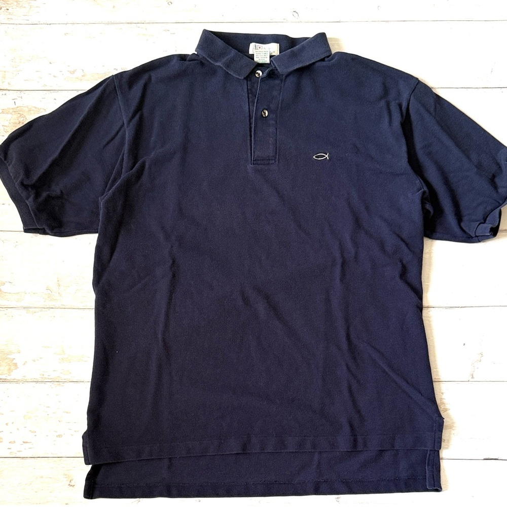 Simon Andrew L/G Navy Blue Short Sleeve Polo Unisex Mens Large Christian Fish